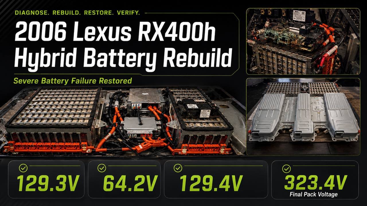 2006 Lexus RX400h hybrid battery rebuild with verified 323.4V final pack voltage