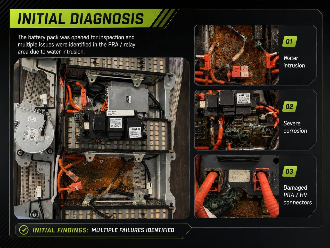 Lexus RX400h hybrid battery water intrusion, severe corrosion, and damaged PRA connectors