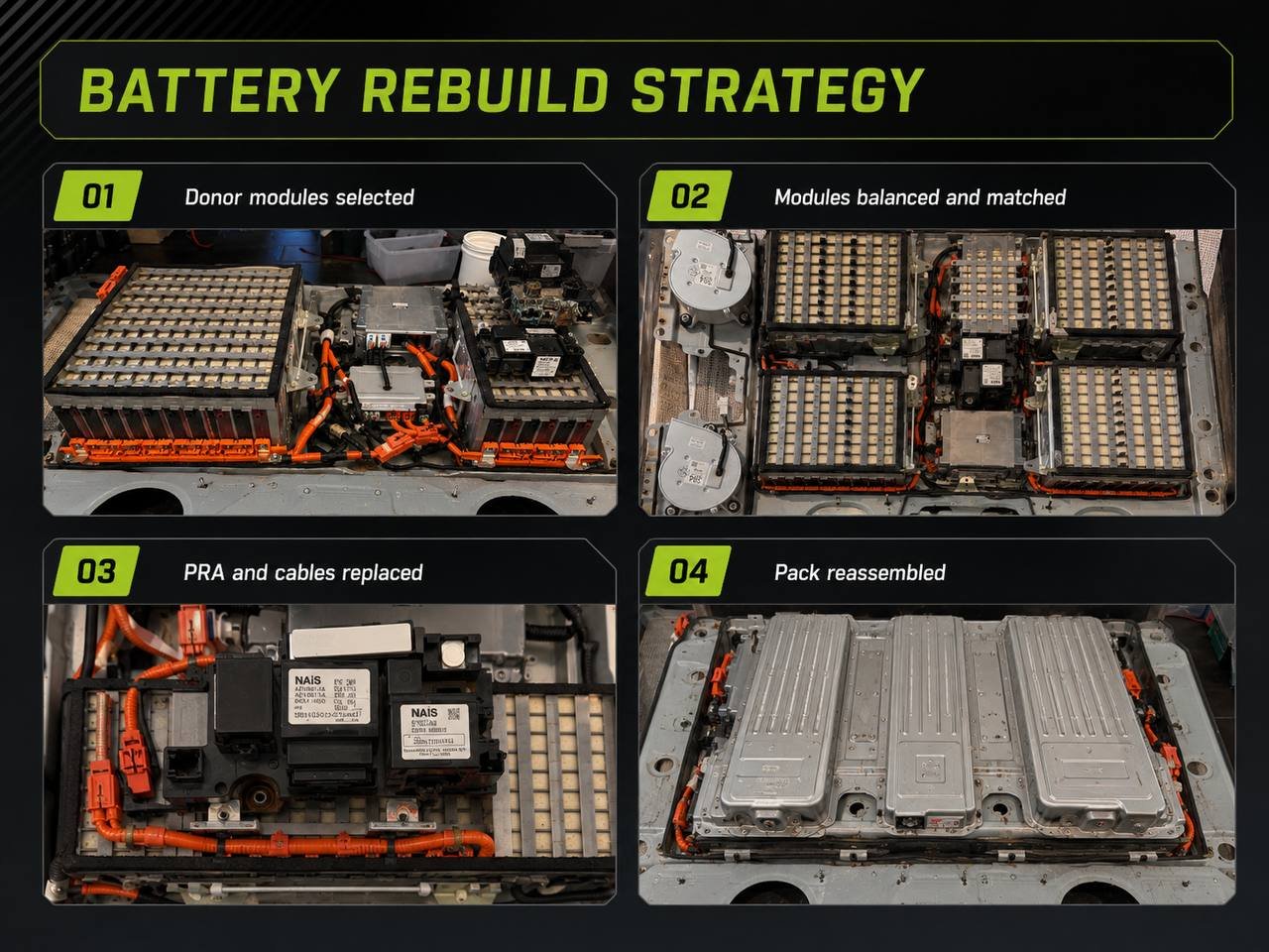 Lexus RX400h hybrid battery rebuild process with tested donor modules, balancing, PRA replacement, and reassembly