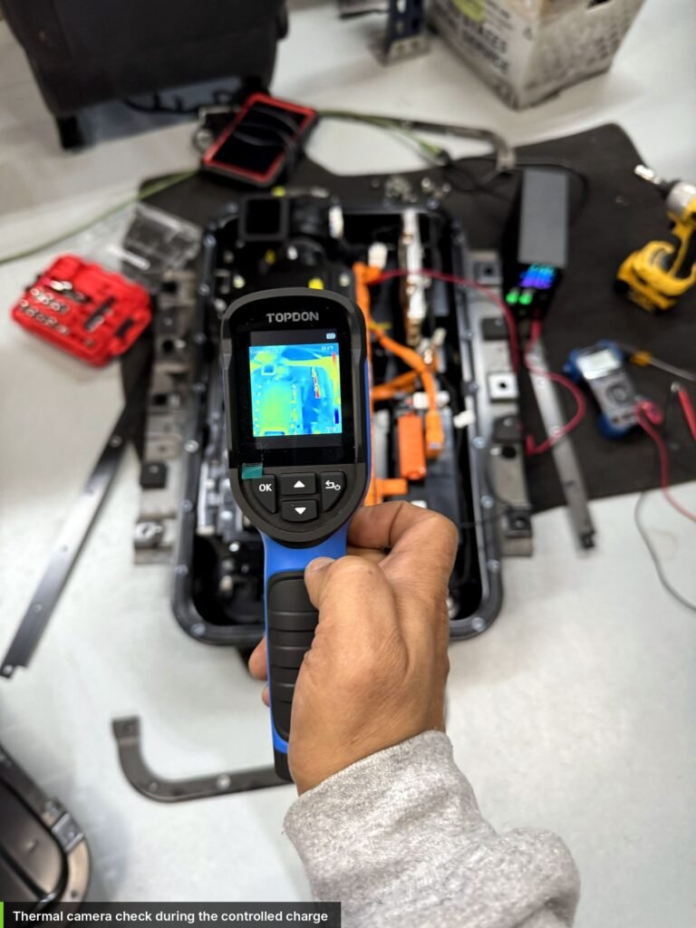 Thermal camera monitoring the Santa Fe Hybrid battery pack temperature during charging